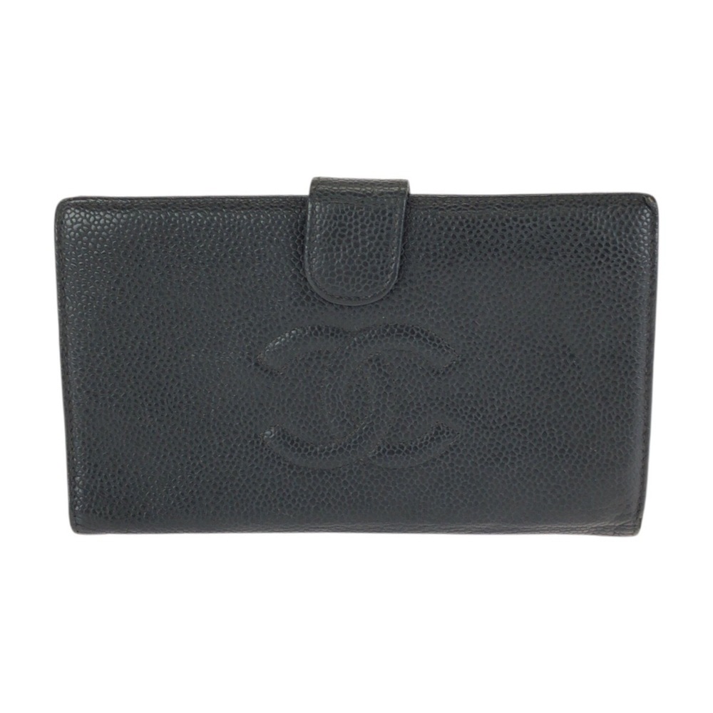 CHANEL Vintage Coco Mark Black Caviar Leather Long Wallet with Gold Hardware ...